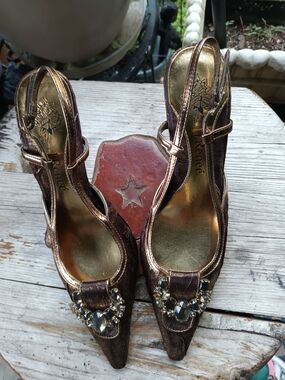 J.Renee Bronze Metallic Jeweled Pointed-Toe Slingbacks